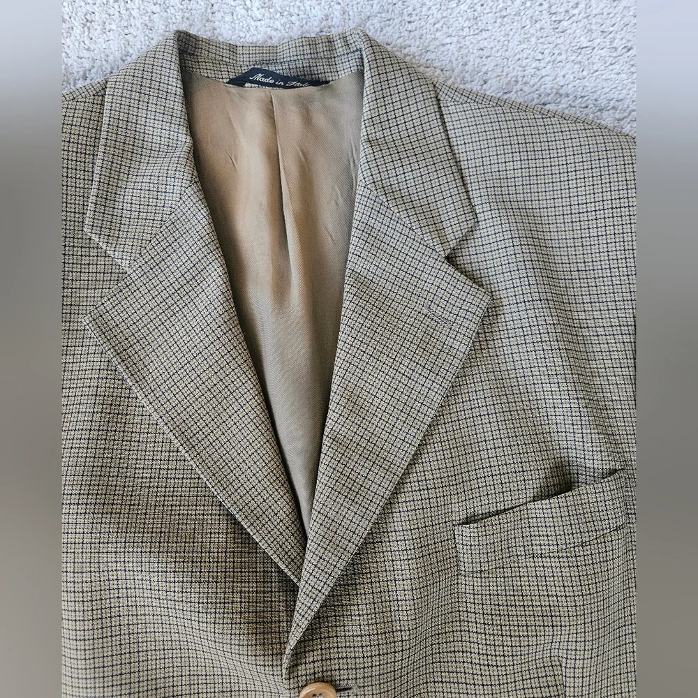 VTG LAMIFICIO PRIVERNUM Italian Tan & Navy Box Check 3-Button Blazer | S…